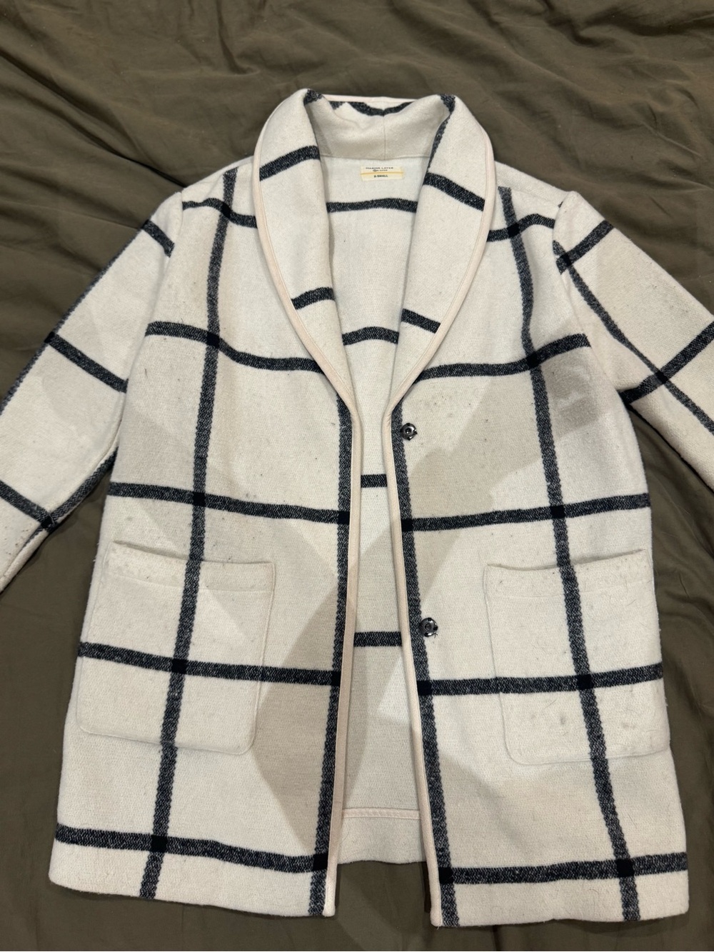Marine Layer Cream Plaid Shawl-Collar Coat with Black Windowpane